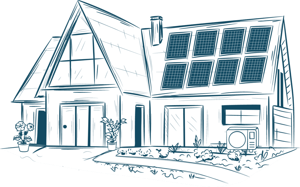 Zeichnung eines Hauses mit Solarpaneelen.